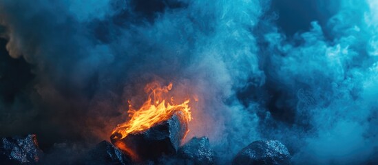 Poster - Flames and Smoke Emanating from Rocks in a Dark Environment with Blue and Orange Color Contrast Copy Space