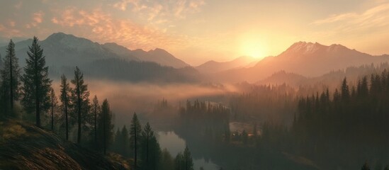 Poster - Mountain landscape at sunrise with mist and pine trees in foreground featuring copy space for text inclusion