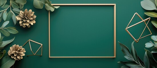 Poster - Green Background with Gold Geometric Frames and Natural Elements for Copy Space