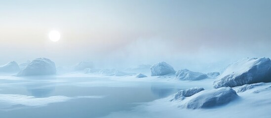 Poster - Snowy landscape with soft light and frozen water reflecting the sun, featuring large ice formations and a tranquil atmosphere, Copy Space