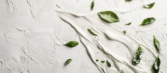 Poster - Abstract composition of creamy texture with fresh green leaves on a white background featuring ample copy space.