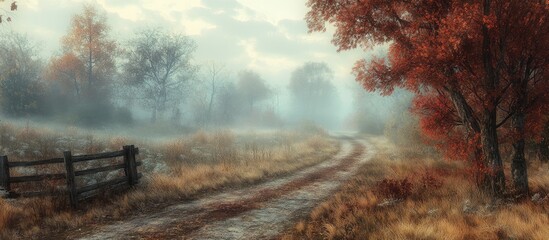 Poster - Foggy rural landscape with dirt road winding through autumn foliage and trees Copy Space