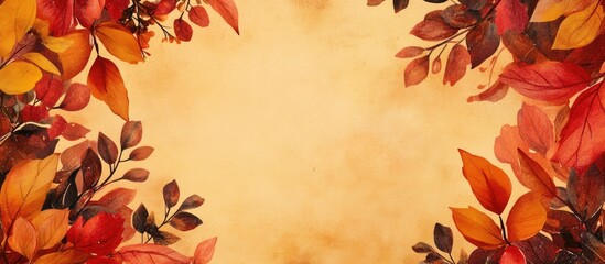 Poster - Vibrant Autumn Background with Red and Yellow Leaves Framing a Gold-Hued Blank Space for Design and Text Integration