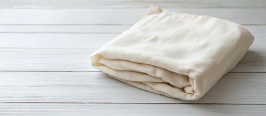 Poster - Folded cream colored blanket on a light wooden surface with ample copy space for text insertion