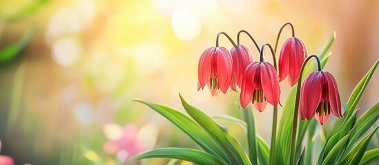 Poster - Red bell-shaped flowers with green leaves in a natural setting with soft sunlight and blurred background Copy Space