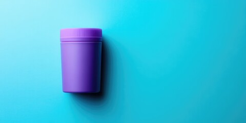 Poster - Purple plastic container on blue background with copy space for product placement or branding.