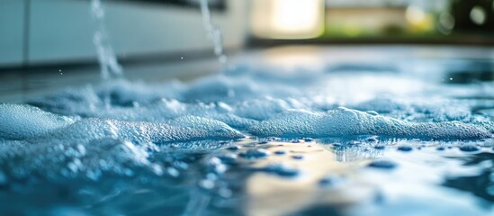 Poster - Close-up of bubbles in water with reflections and soft focus background featuring a clean modern environment Copy Space