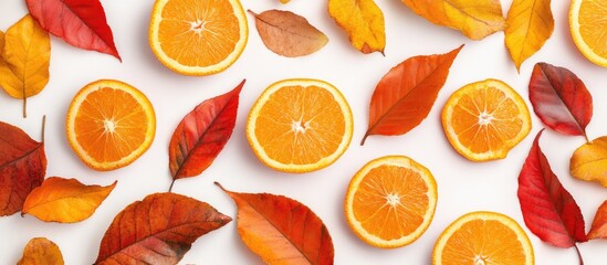 Poster - Autumnal flat lay featuring vibrant halved oranges and colorful orange and red leaves on a clean white background ideal for seasonal text or designs.