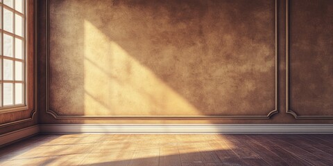 Poster - Empty room with wooden floor and textured beige wall illuminated by sunlight through window creating shadows Copy Space