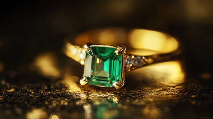 Elegant emerald ring display luxurious jewelry showcase close-up photography soft lighting artistic perspective precious gemstone concept for seo impact