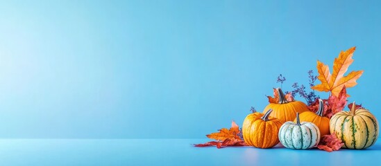 Poster - Vibrant autumn composition on a blue desk showcasing colorful pumpkins and fall leaves with ample negative space for text insertion.