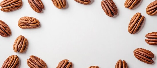 Poster - Pecans arranged in a circular pattern on a white background with Copy Space for text placement