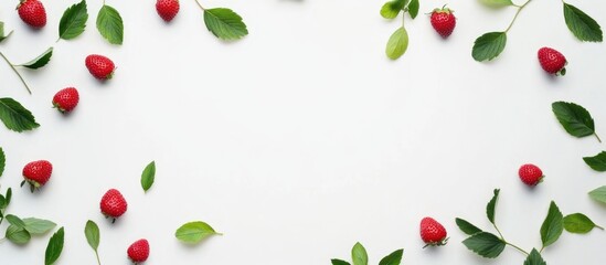 Poster - Red strawberries and green leaves arranged on a white background with copy space for text.