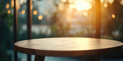 Poster - Blurred background of a wooden table with sunset lighting and bokeh effect in an outdoor setting Copy Space