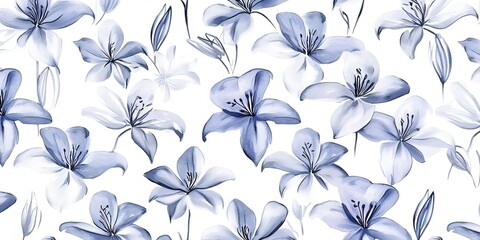  A seamless pattern of lilies in shades of blue and gray, arranged on a white background, in a watercolor style.