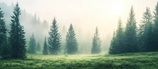 Poster - Mist-covered forest landscape with evergreen trees and soft light, natural scenery, peaceful atmosphere, Copy Space