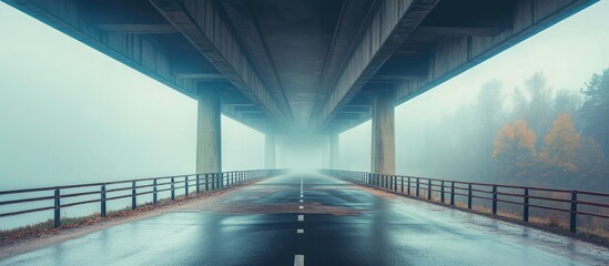 Poster - Misty road under a highway bridge with walls and railings during a foggy day in autumn mountains Copy Space