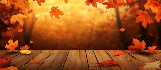 Poster - Warm Autumn Background Featuring Colorful Maple Leaves on a Rustic Wooden Table with Blurred Golden Forest and Empty Space for Text