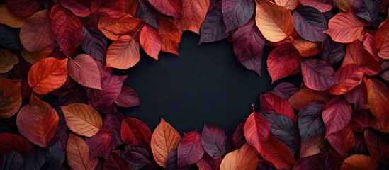 Poster - Vibrant autumn foliage background featuring a rich blend of red and orange leaves surrounding a blank space for text, ideal for seasonal designs.