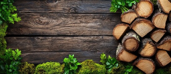 Poster - Wooden background with stacked logs and green foliage, natural texture and elements, Copy Space for text or design.