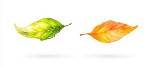 Poster - Green and orange leaves isolated on white background with copy space for seasonal or nature themes