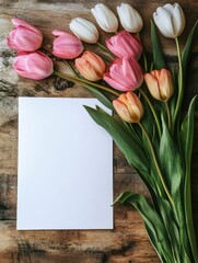 Aufkleber - Bright tulips beside an empty white sheet of paper on a rustic wooden table for creative design and writing. Generative AI