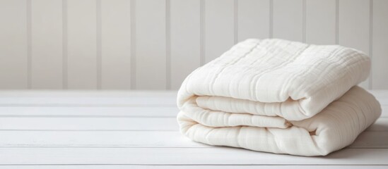 Poster - Folded beige blanket resting on a white wooden table with copy space for text placement.