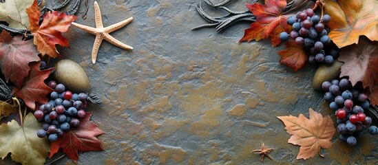 Poster - Festive Autumn Composition of Red and Orange Fall Leaves, Starfish, Berries, and Grape Leaves on Textured Stone Background with Blank Space for Text
