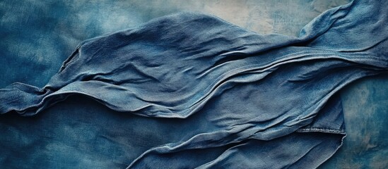 Poster - Textured blue fabric flowing across a surface with soft folds and shadows, artistic textile background with copy space.