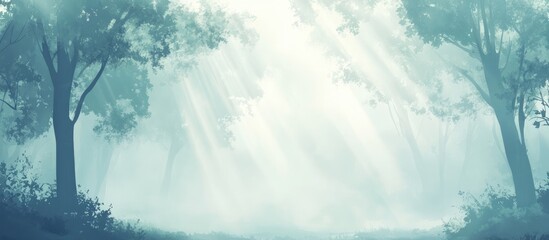 Poster - Foggy forest landscape with soft light rays filtering through trees and ample copy space for text overlay.