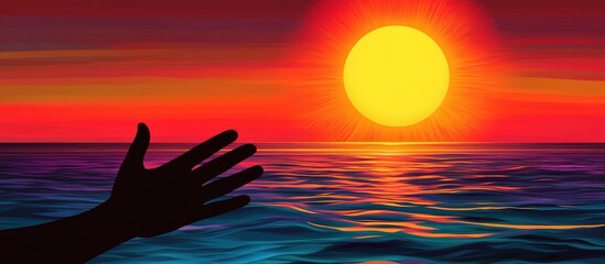 Wall Mural - vibrant sunset over calm ocean waters with a silhouetted hand reaching toward the glowing sun and ex
