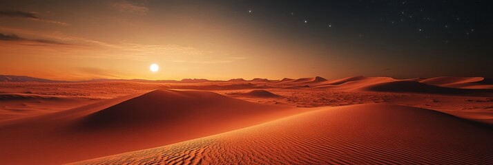 Aufkleber - Vast desert landscape under a brilliant sunset with serene dunes and clear sky providing ample text space. Generative AI