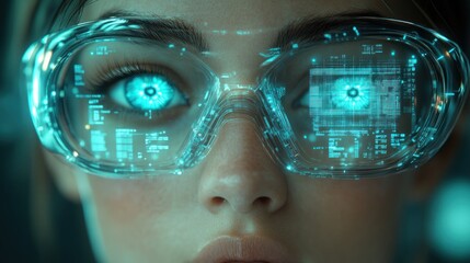 Wall Mural - Woman wearing futuristic glasses, digital data overlay, lab background, tech research