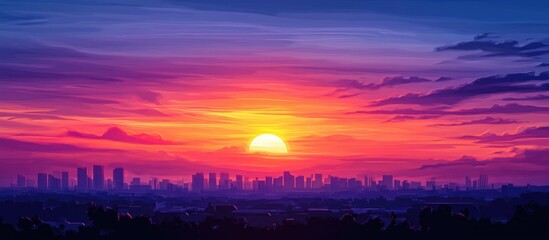 Wall Mural - vibrant sunset casting orange and purple hues over urban skyline with clear space for text, panorami