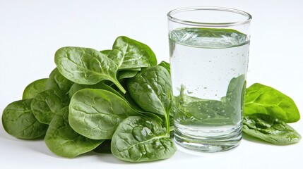 Poster - Isolated of a tightly bound bunch of spinach with visible stems and crisp edges Stock Photo with side copy space