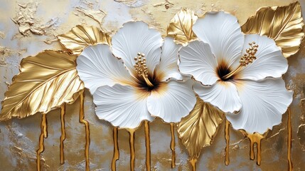 Wall Mural - White hibiscus gold leaf wall art decor