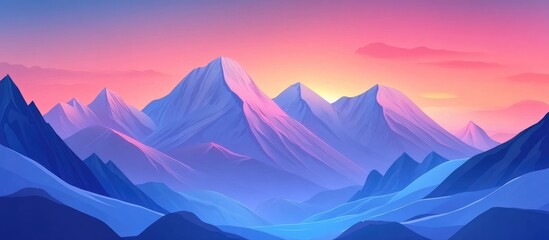 Wall Mural - mountain landscape with snow-capped peaks and vibrant pink and orange sunset sky, panoramic view wit