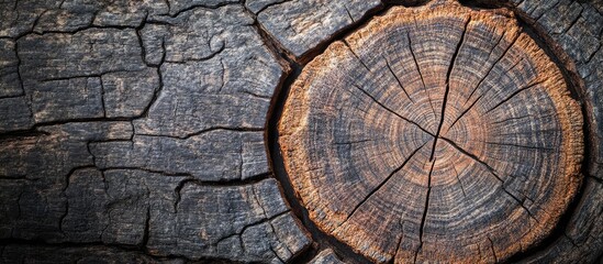 Wall Mural - Textured Dark Brown Bark Background Featuring Tree Trunk Top View With Distinctive Rings and Empty Copy Space for Text Placement