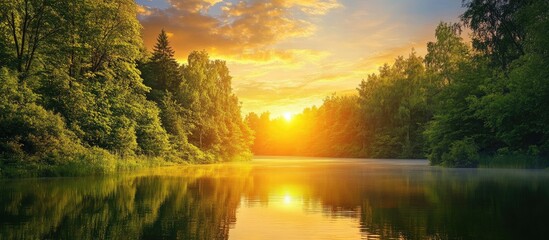 Wall Mural - golden sunset reflection on calm lake with vibrant orange and yellow hues, framed by lush green fore