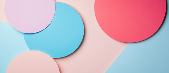 Poster - colorful geometric shapes composition on soft pastel background with blue pink and purple circles fo