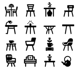 Wall Mural - Minimalist Black and White Icons of Tables and Chairs