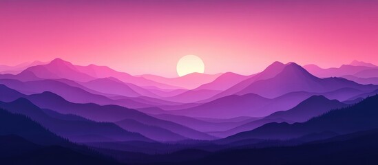 Wall Mural - vibrant purple and pink sunset over layered mountains with sun setting in the center and empty space