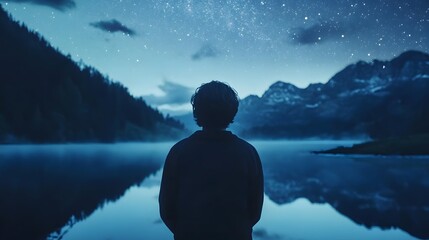 Poster - A Serene Evening by the Calm Lake Under a Starry Sky with a Silhouetted Figure Gazing at the Mountains and Reflecting on Nature's Beauty