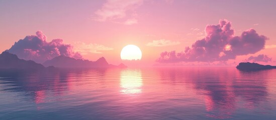 Colorful sunrise over calm water with reflections, pink and purple hues, serene mountains in the background, ample empty space for text.