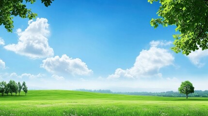 Aufkleber - Beautiful landscape with green fields under a bright blue sky featuring fluffy clouds and natural scenery suitable for text. Generative AI