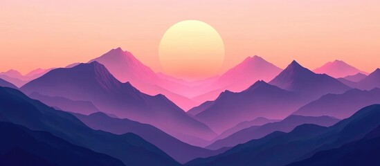Wall Mural - vibrant mountain sunset landscape with purple and pink hues, featuring a large sun setting behind la