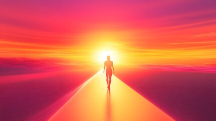 Aufkleber - Ethereal Journey of Solitude: A Silhouette Walking Towards a Vibrant Sunset over an Expansive Landscape of Colors and Light in a Moment of Reflection and Tranquility
