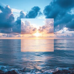 Aufkleber - Beautiful ocean sunset view with copy space for text and bright colors reflecting on the water at twilight. Generative AI