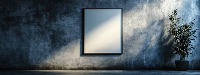Fototapete - Modern interior with blank framed mirror on textured wall and potted plant in soft natural light with ample Copy Space