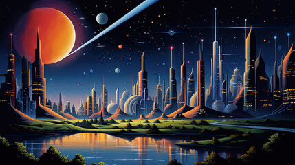 Poster - Retro futuristic city in the old school sci-fi art scene. Retro space landscape with city.